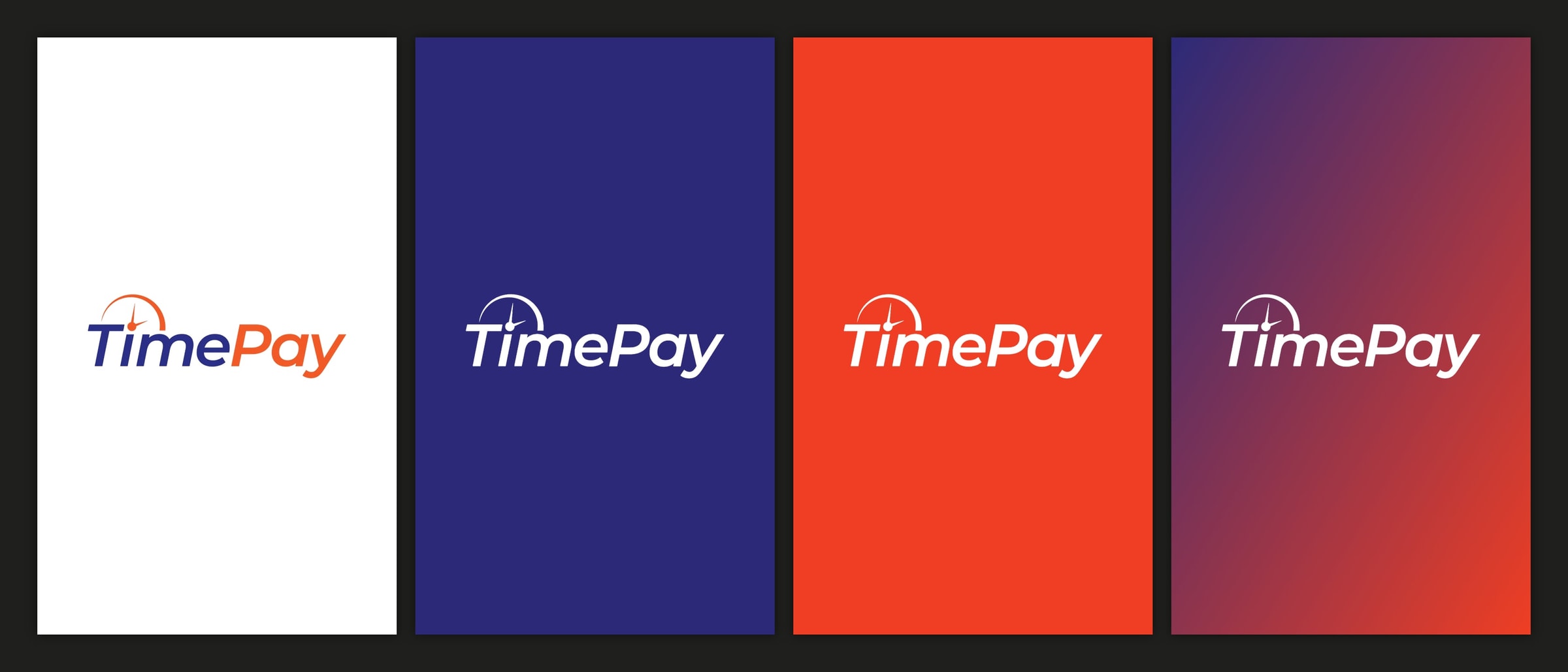 Four tiles of the logotype on its permitted grounds: colour on white, white on navy, white on red-orange, white on the navy-to-red gradient
