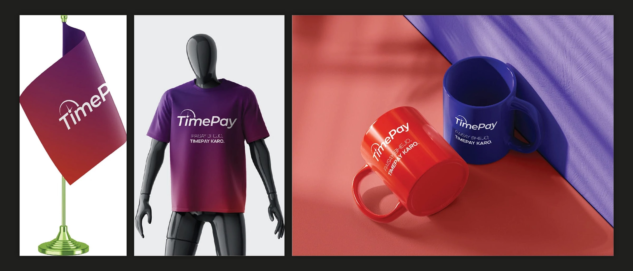 A desk flag, a tee on a mannequin and two mugs, one red and one navy, all in the gradient with the white logotype