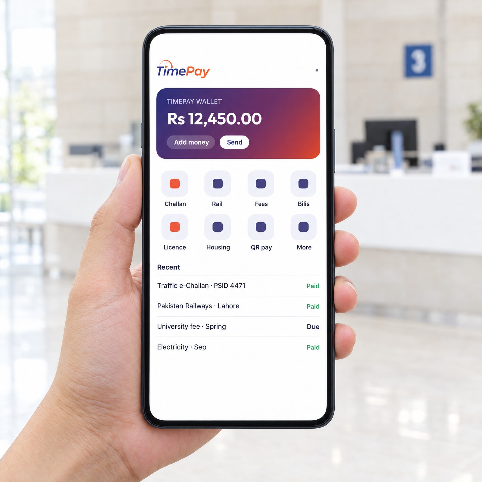 The TimePay app home screen on a phone held in a hand in a service hall: a gradient wallet card, eight service tiles and a list of recent payments