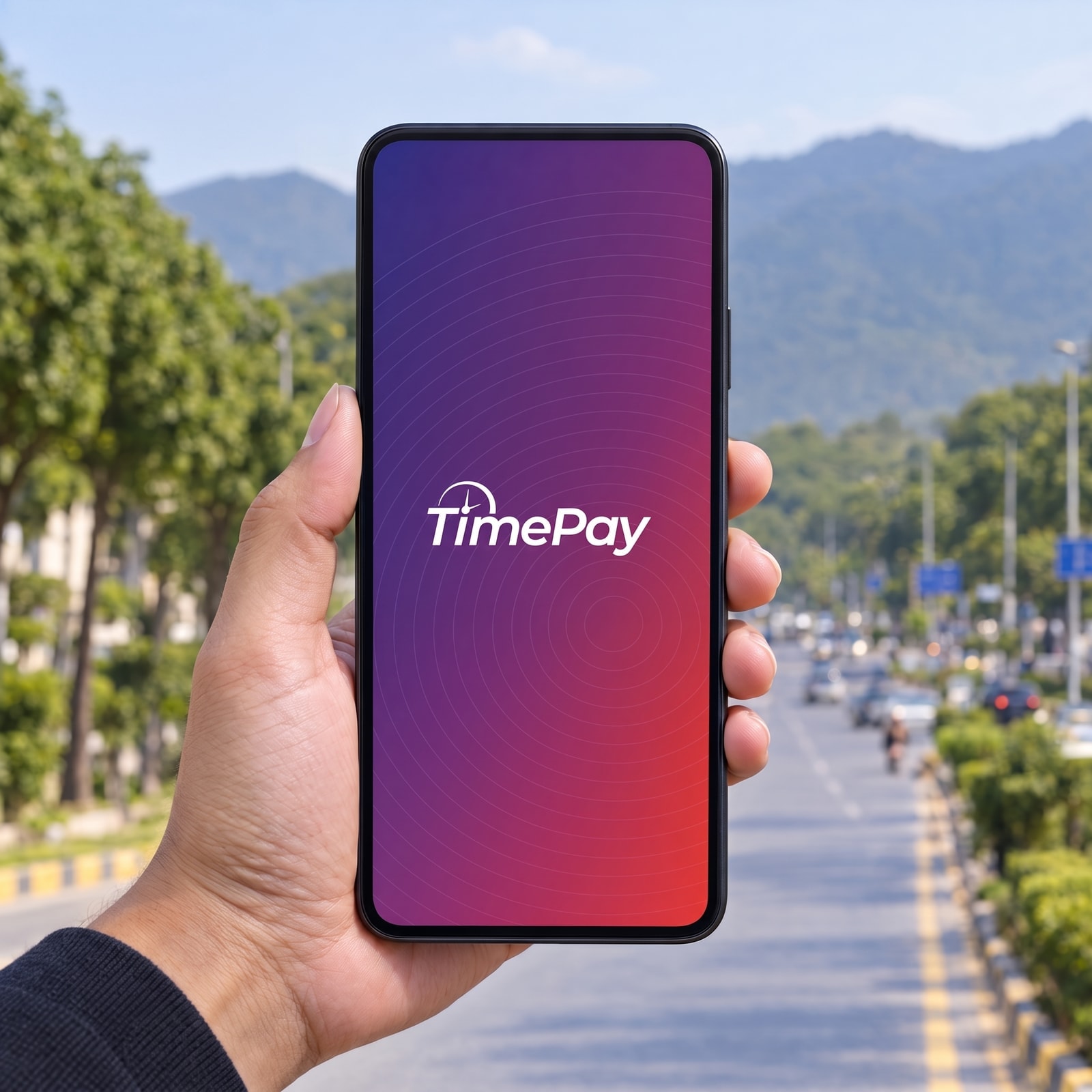 A phone held up on a tree-lined Islamabad avenue, its screen showing the white logotype on the navy-to-red gradient, hills soft behind