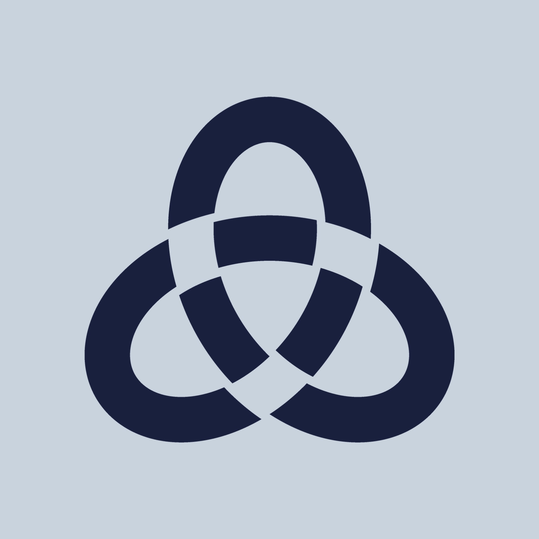 The Triune mark as flat navy artwork on an ice ground, the weave shown by gaps where the band passes behind itself