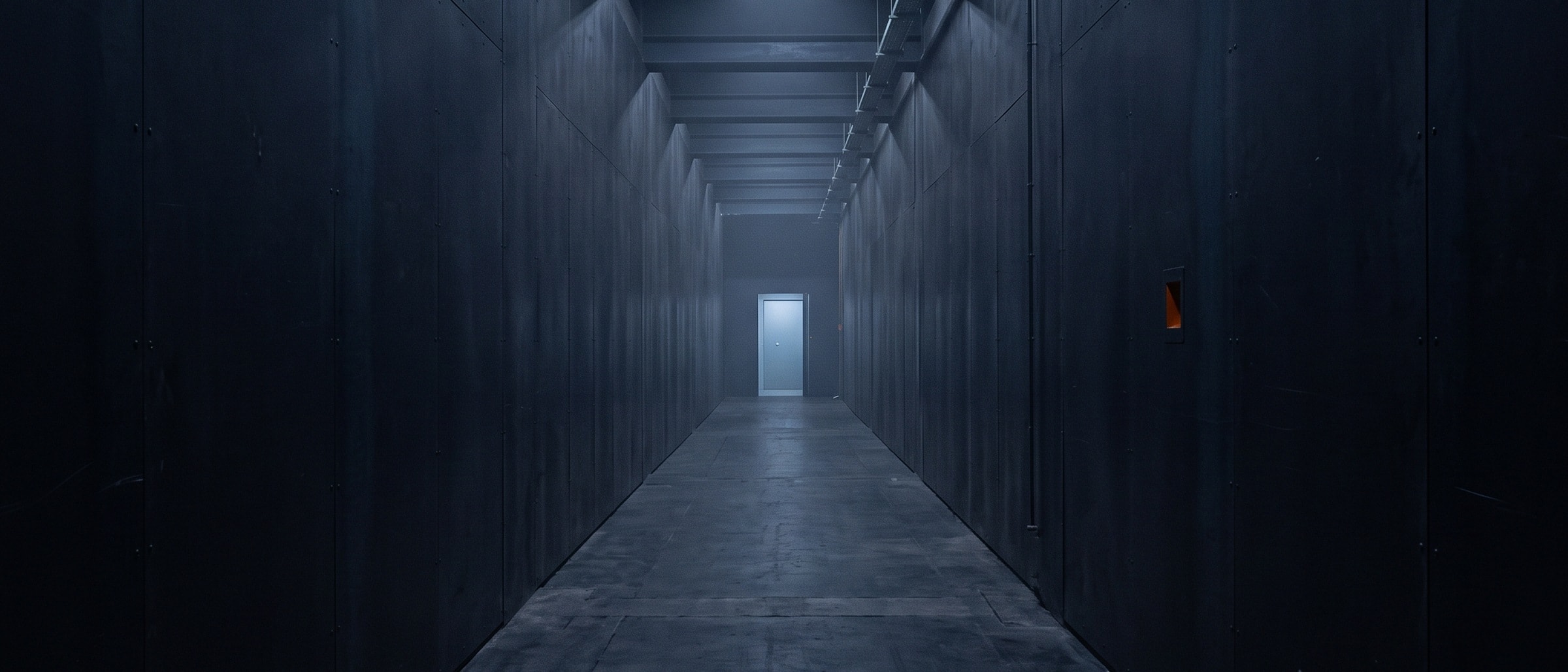 A long dark corridor between two matte metal walls receding to a single pale doorway, one thin orange marker on the right hand wall