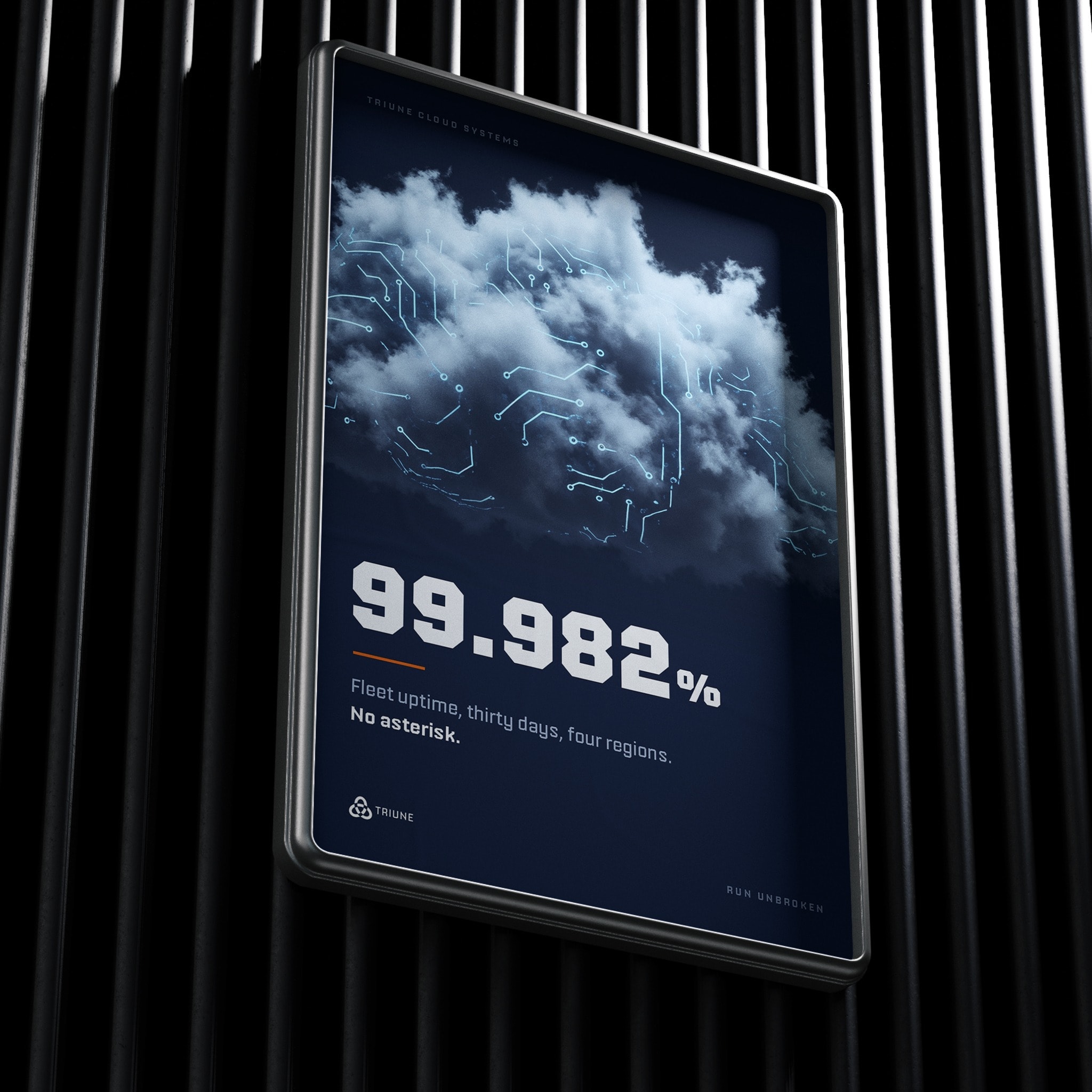 A backlit light box on a slatted dark wall carrying the Triune uptime panel: a circuit-threaded cloud above, 99.982% set large below