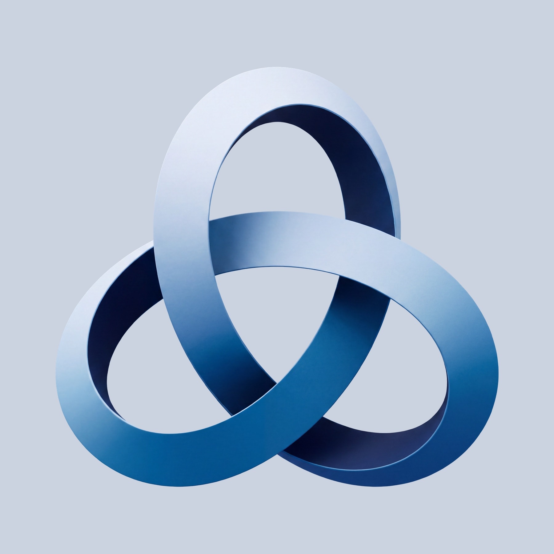 The Triune mark rendered as a physical object, a ribbon of constant width looping three times through itself, pale at the top falling to deep blue