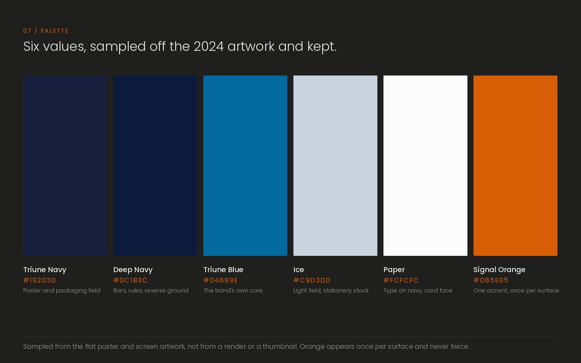 Six colour swatches with names and hex values: Triune Navy, Deep Navy, Triune Blue, Ice, Paper and Signal Orange