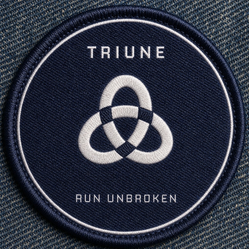 A circular embroidered patch on denim: the name arched above the mark in white satin stitch and the tagline arched below
