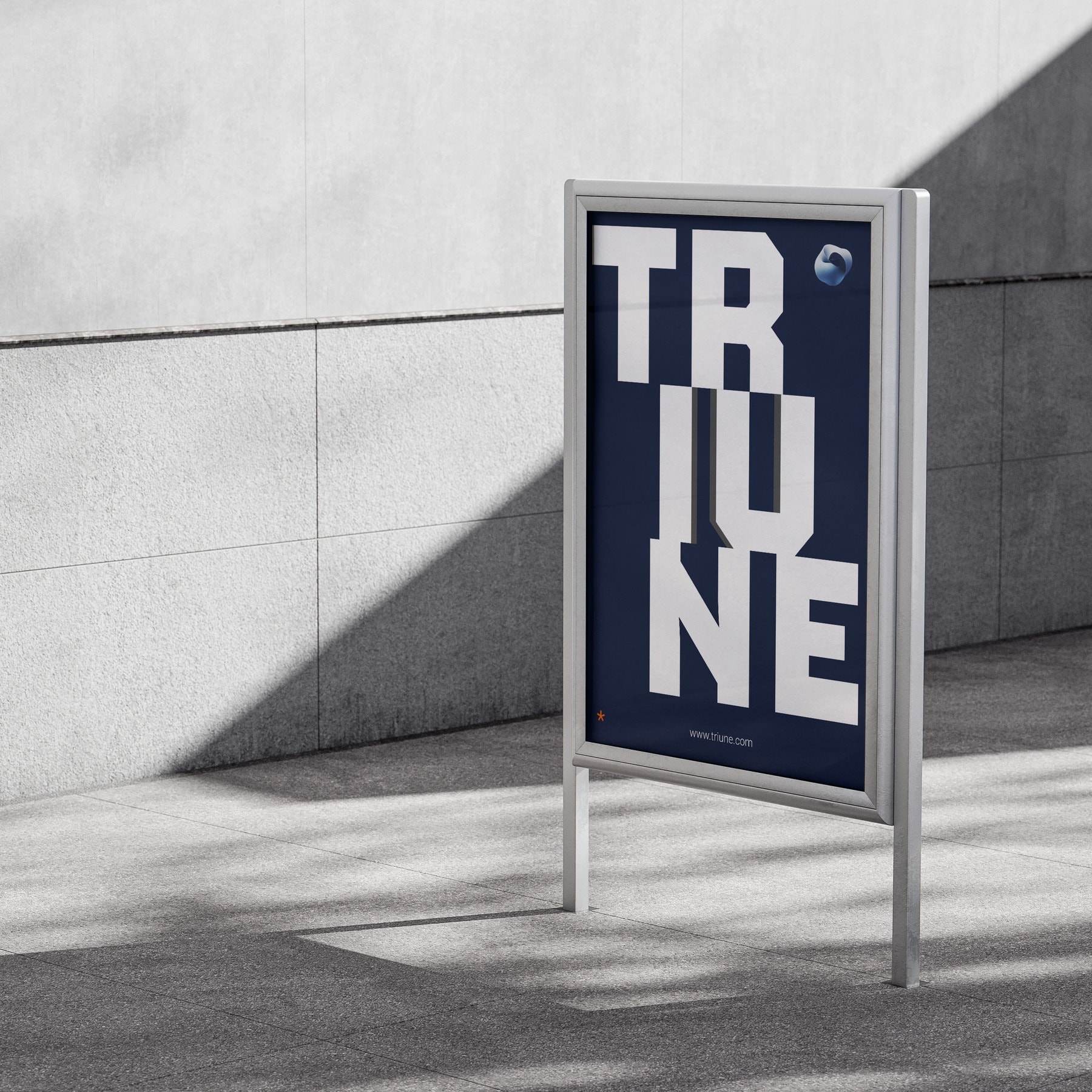 A freestanding street poster against concrete with TR over IU over NE stacked in heavy type