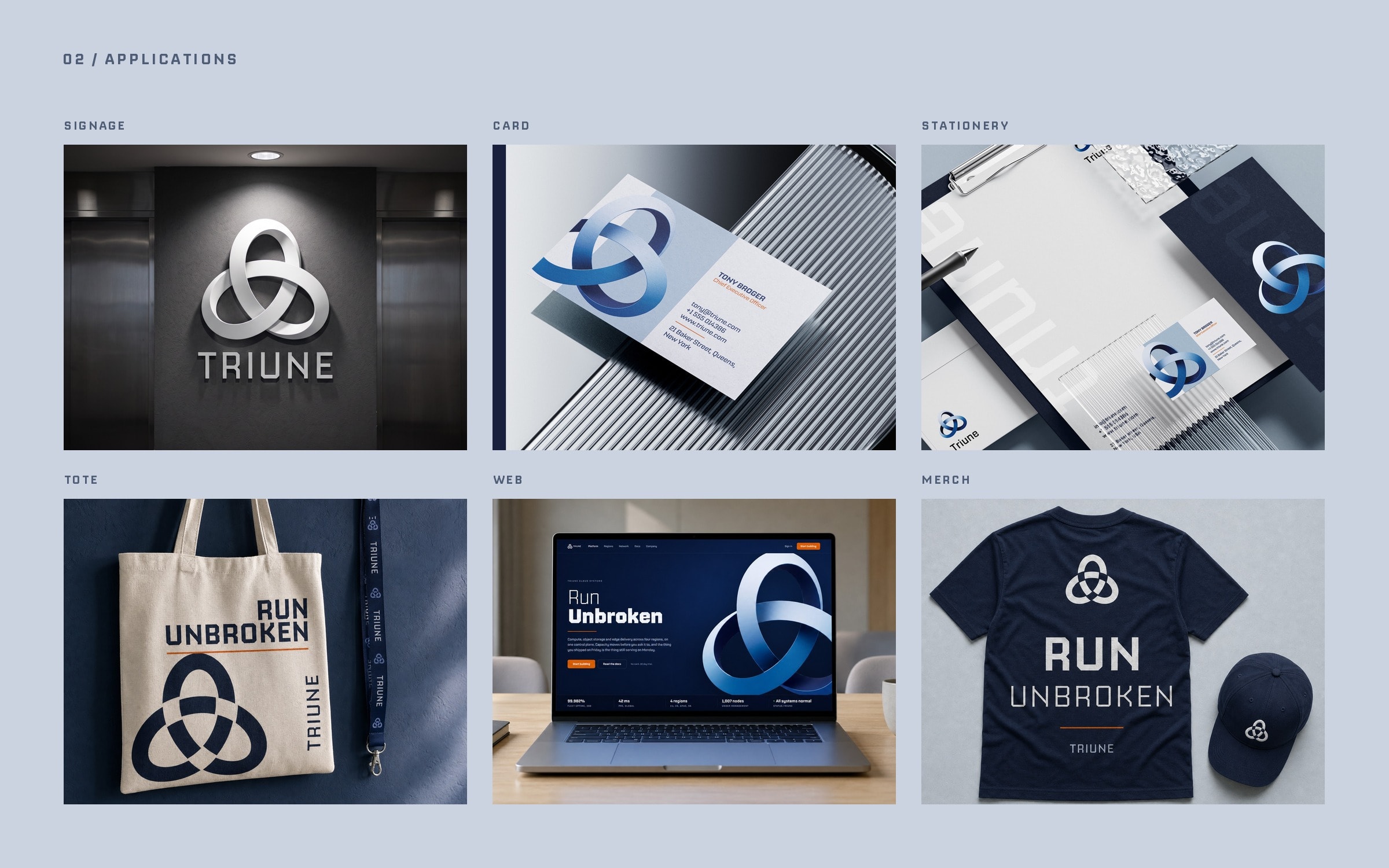 Six Triune applications shown as a grid: identity post, street poster, business card, stationery, light box and phone