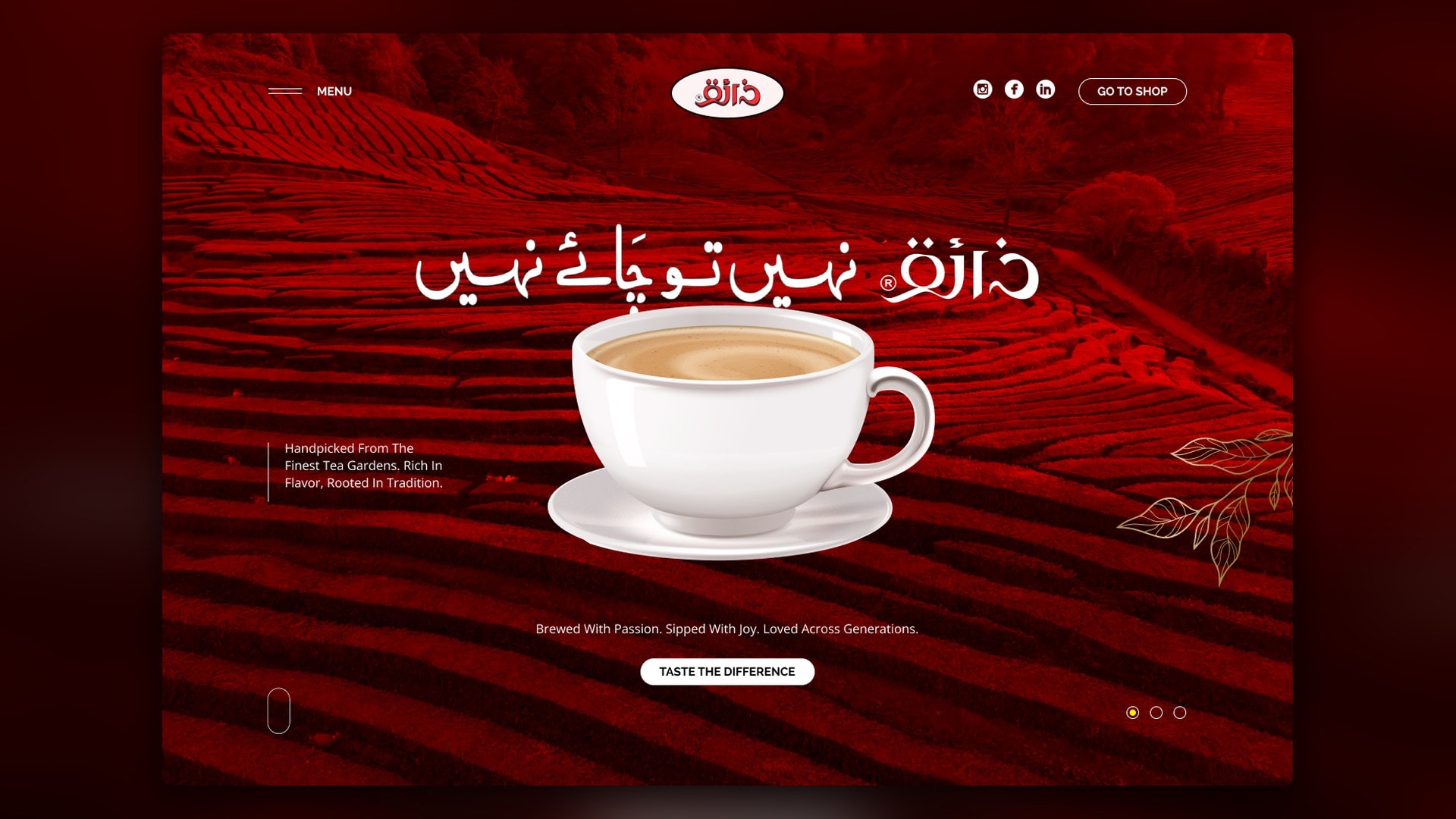 The full Zaiqa Tea homepage hero, nav bar to scroll indicator, showing a white cup of milk tea over a deep red tea-terrace photograph with the brand's Urdu slogan above it