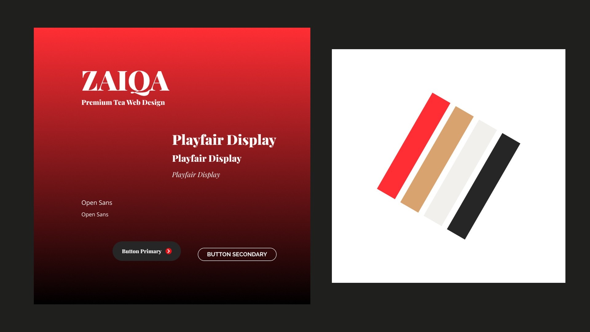 Design system card showing the Zaiqa Latin wordmark, Playfair Display and Open Sans specimens and two button styles, beside a four-strip colour palette