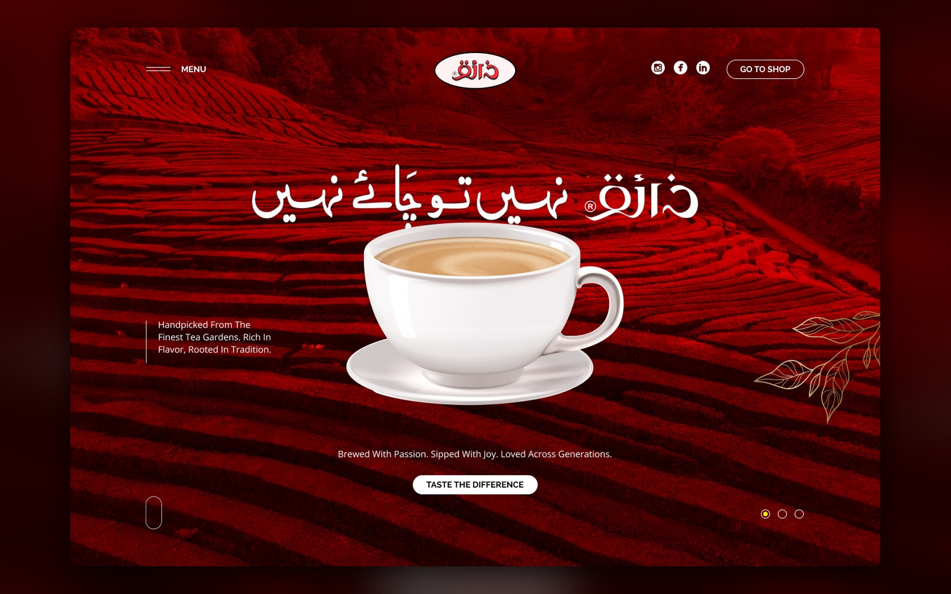 Zaiqa Tea homepage hero on a deep red ground, cropped for the home featured card