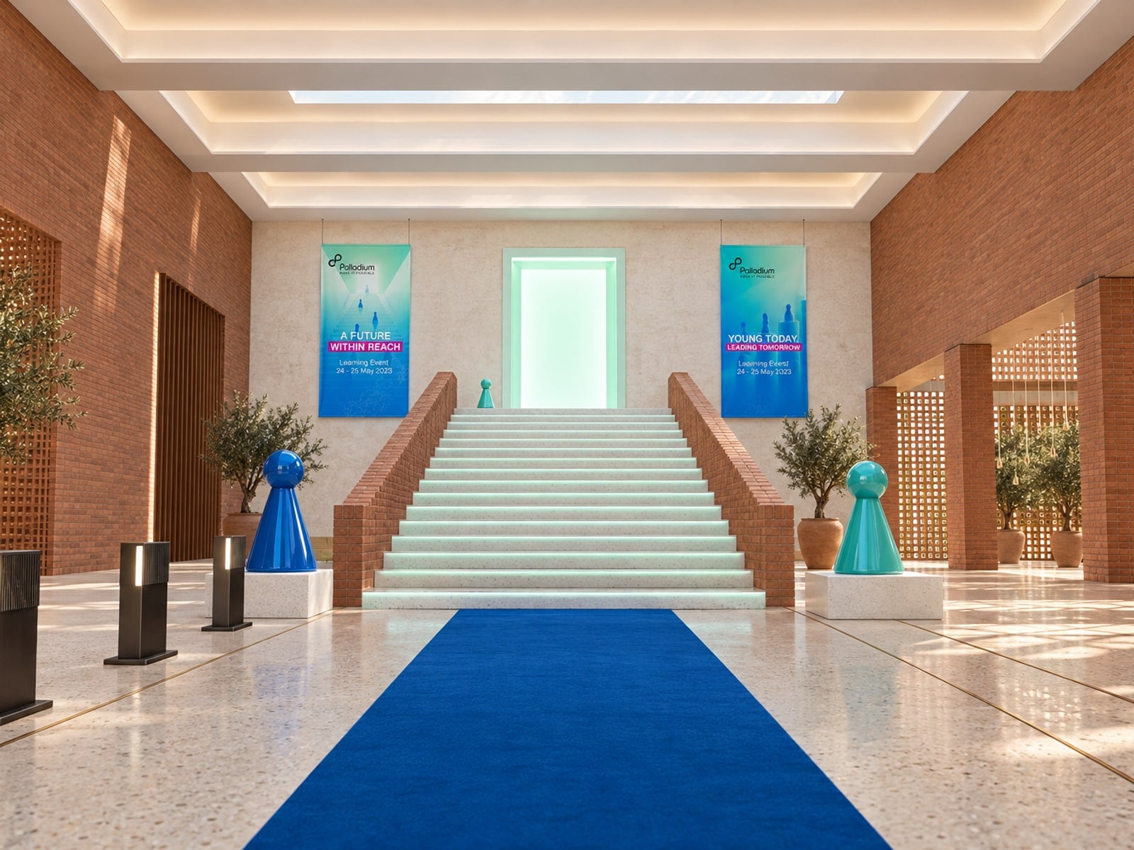 A brick atrium with a staircase rising to a glowing doorway, a pawn sculpture either side