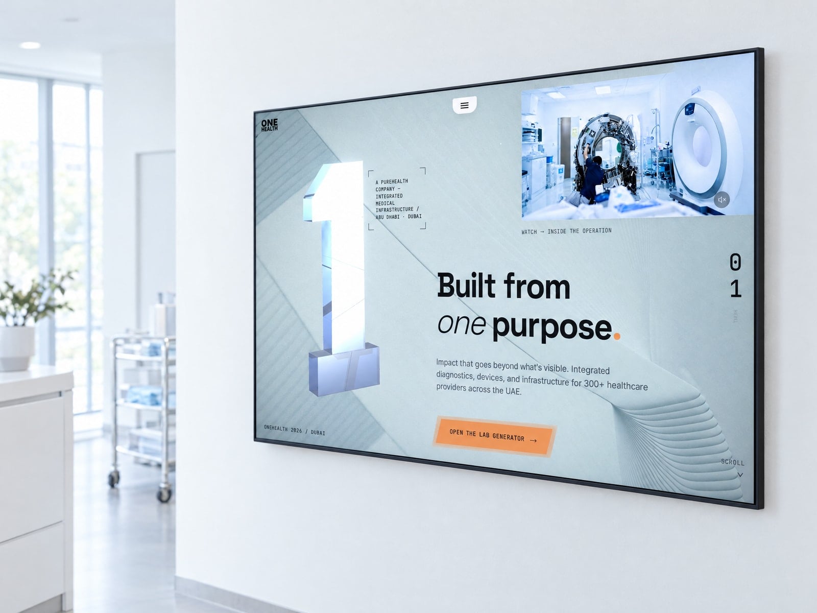 The OneHealth homepage on a large wall-mounted display in a bright clinical reception