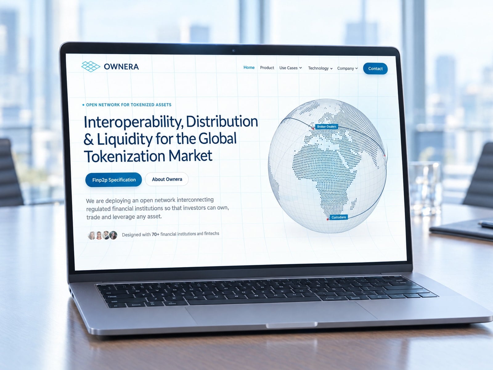 The Ownera home page on a laptop in a glass-walled office