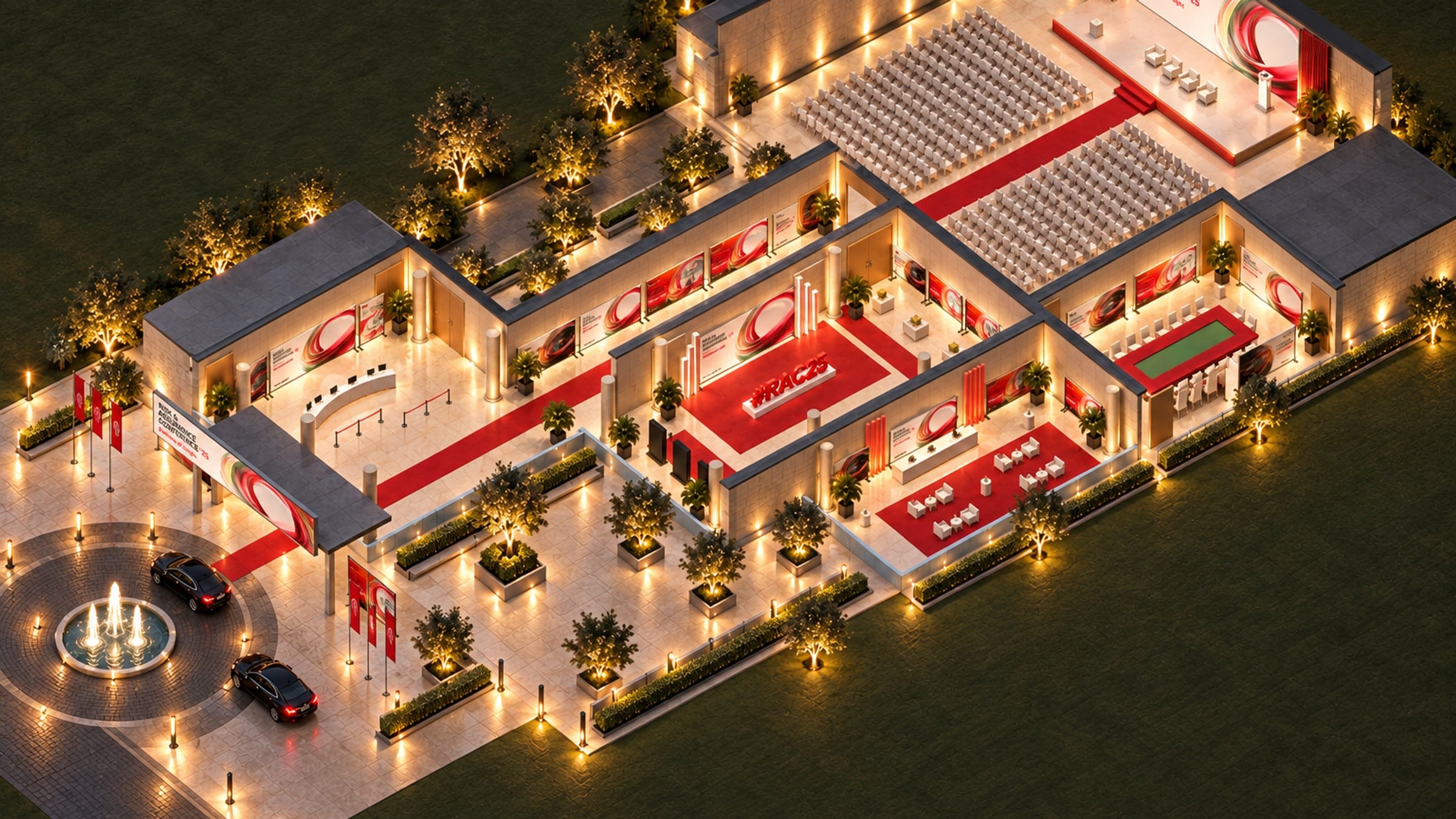The whole venue at dusk with the roof removed: the drop-off and entrance canopy, the registration lobby, a red carpet running through the concourse to the plenary hall, a foyer with the media wall, a lounge and a boardroom, lit gardens around them