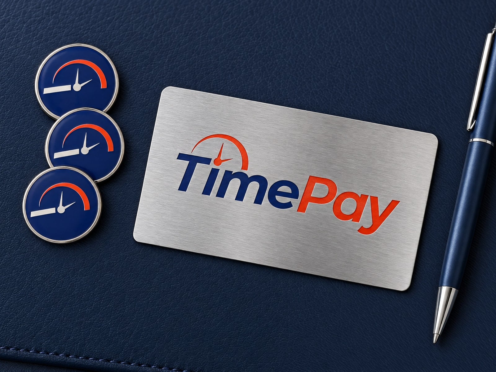 Three enamel dial pins and a brushed steel card with the logotype on a navy leather desk pad